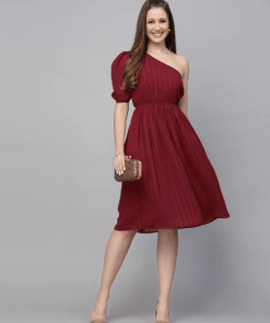 Maroon Chiffon One Shoulder Dress
