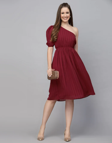 Maroon Chiffon One Shoulder Dress