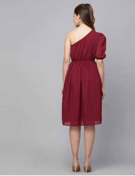 Maroon Chiffon One Shoulder Dress - Image 5