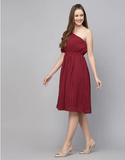 Maroon Chiffon One Shoulder Dress - Image 2