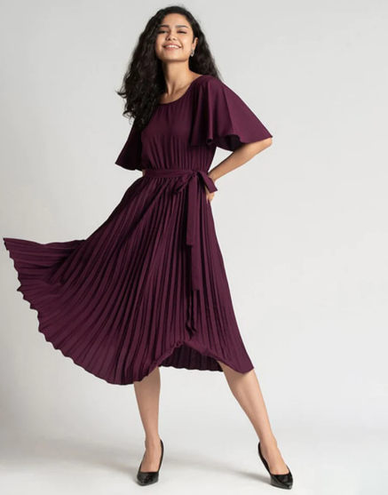 Wine Pleated Asymmetric Dress