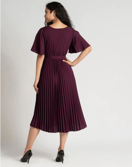 Wine Pleated Asymmetric Dress - Image 3