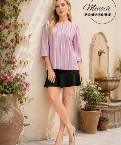 Pink and White Stripped Top with Half Sleeves