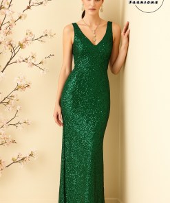 Green Sequins Stretch A-Line Gown