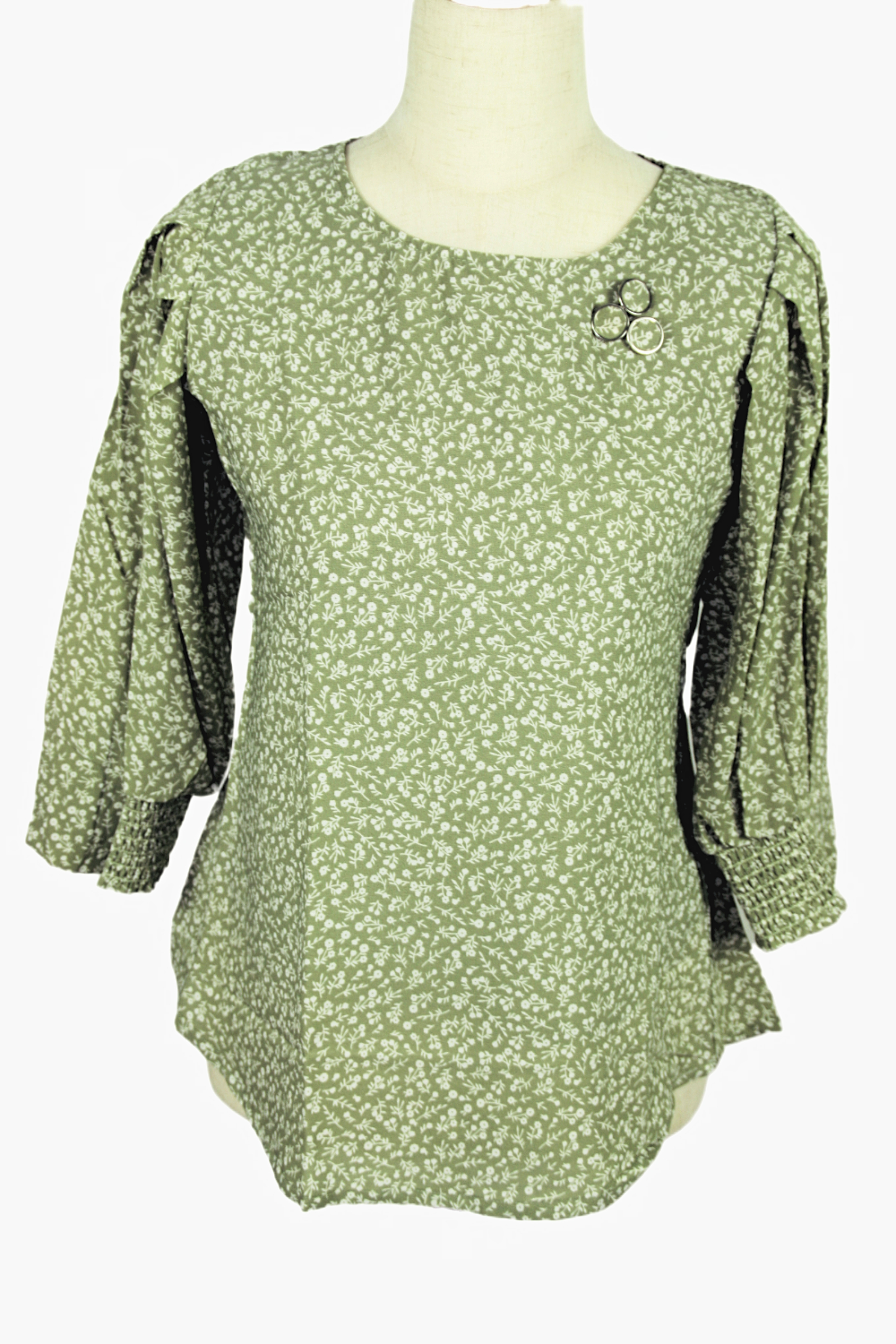 Green Printed Balloon Sleeves Top