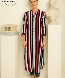 White, Black and Red Long Stripped Kurti with Side Slits