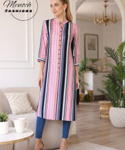 Pink and Navy Vertical Stripe Straight Long Kurti