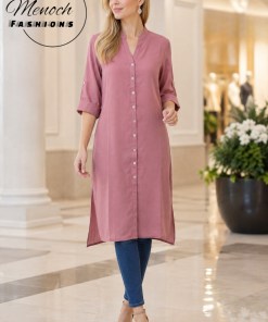 Rose-Pink Solid Straight Long Kurti with Roll-Up Sleeves