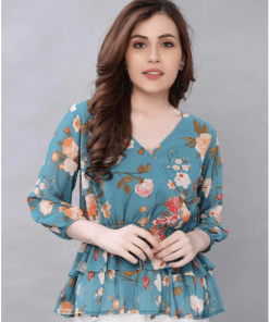 Blooming Teal Colored Digital Printed Polyester Top