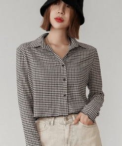 Brown Checks Long Sleeve Crop Shirt