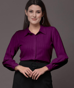 Purple Polyester Blend Woven Long Sleeve Shirt