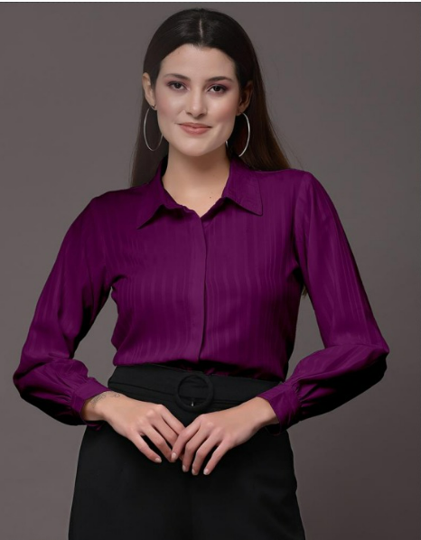 Purple Polyester Blend Woven Long Sleeve Shirt