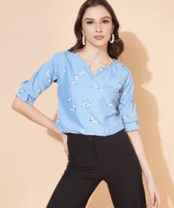 Sky Blue And Multicolor Printed Half Sleeve Top