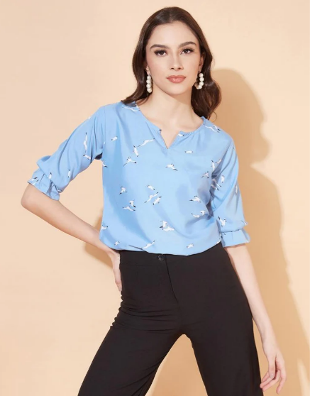 Sky Blue And Multicolor Printed Half Sleeve Top
