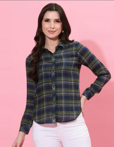 Green and Blue Cotton Self Woven Checks Shirt