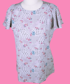 Grey Floral Printed Top with Flared Sleeves