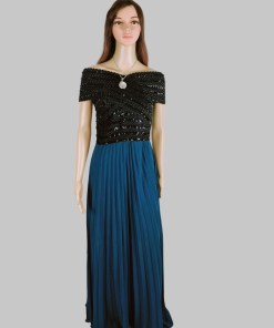 Blue Off Shoulder Pleated Gown