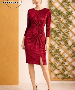 Red Swede Midi Dress with Long Sleeves