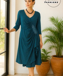 Rama Blue Half Sleeves Dress with Embroidery Leaf design