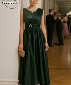 Green Shiny Sleeveless Gown with Silver Buckle