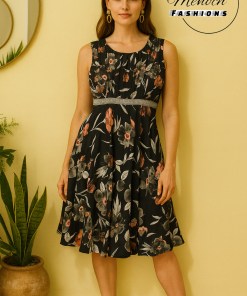 Black with Orange Printed Flowers A-Line Dress