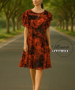 Rust Colored Printed Flare Dress with Belt and Flare Sleeves