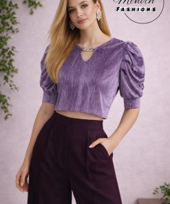 Lilac Velvet Crop Top with Silver Shiny lines and puff sleeves