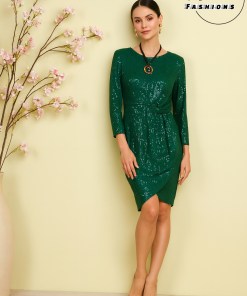 Green Sequins Short Dress with long sleeves