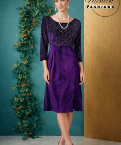 Royal Purple Velvet Stretch Dress with Shiny Stones and Front Slit