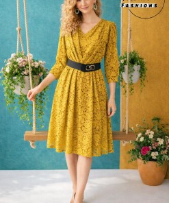Yellow Lace Dress with Half Sleeves
