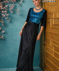 Black Velvet A-Line Gown with Blue Sequins and Front Slit