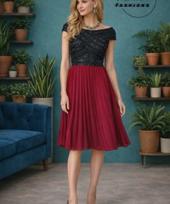 Red off Shoulder Dress with Pleated Skirt