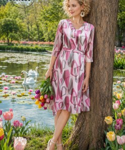 Alternative view of Geometry Printed Brown Flare Dress with Belt
