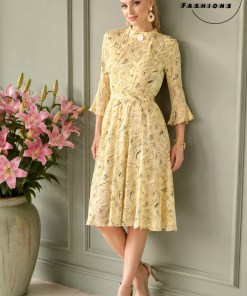 Pale Yellow Abstract Print Georgette A-Line Dress